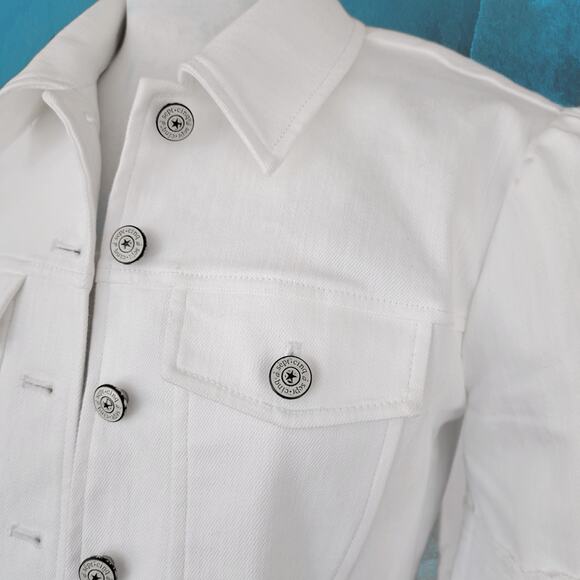 CINQ A SEPT Lizzie Puff Sleeve Peplum Denim Jacket in White Size 2 - Picture 6 of 13